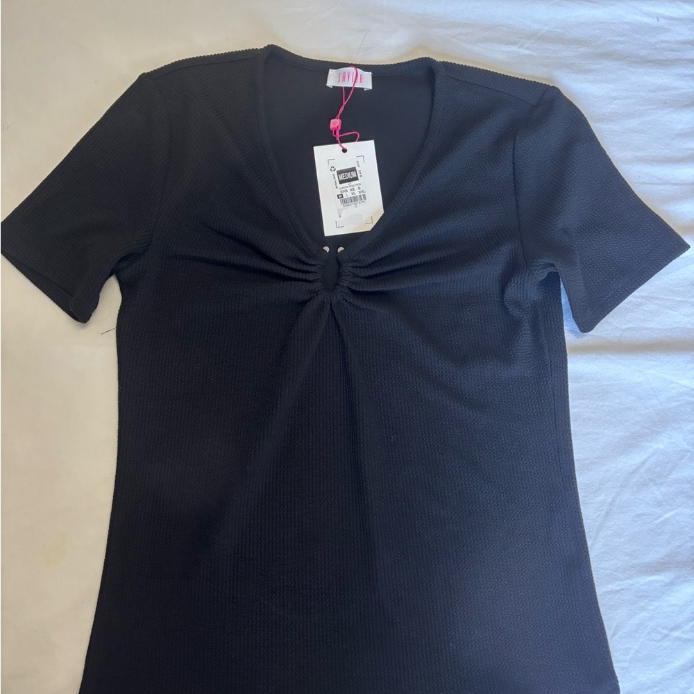 Black V-Neck Ruched Women's Top